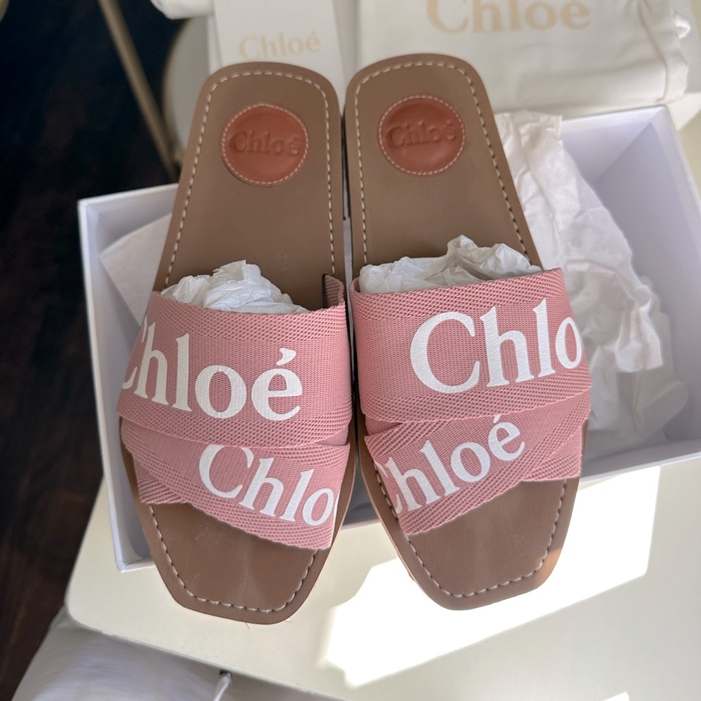 Chloe Woody Flat Logo Ribbon Slide Sandals Sz 36, color Pink